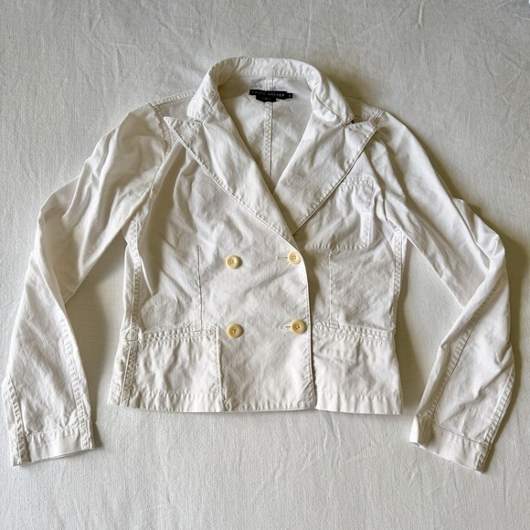 Vintage 2000's Ralph Lauren Cotton Blazer Cropped Jacket Sz 6 White Wide Lapel - Picture 5 of 12